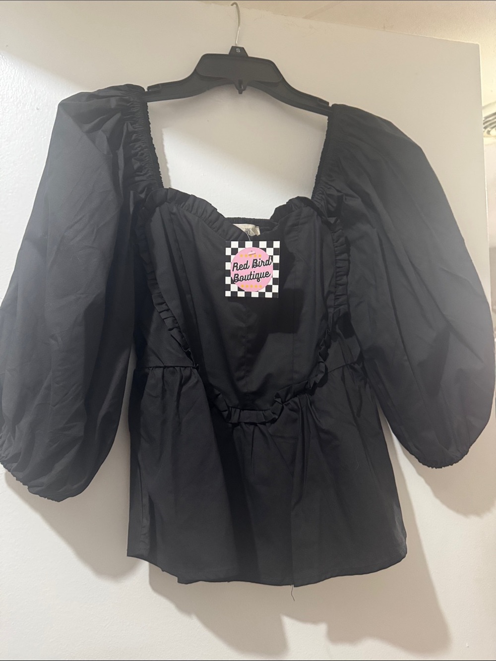 Black Puff-Sleeve Peplum Blouse